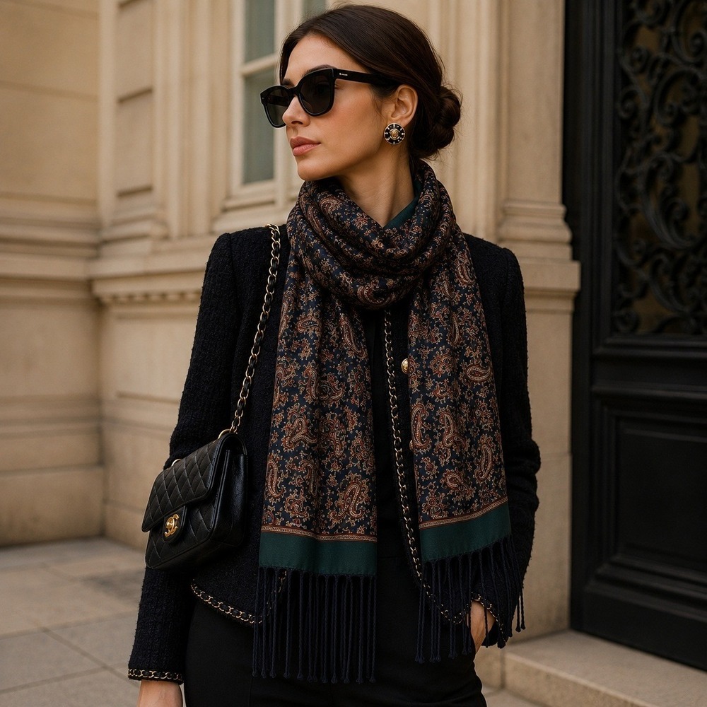 Geoffrey Beene Reversible Wool Silk Scarf Paisley Fringe Italy Luxury Navy Blue